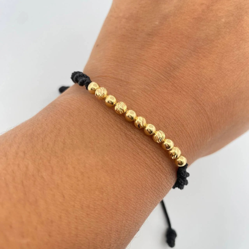 Pulsera Negra Bolas Diamantada Oro 18K